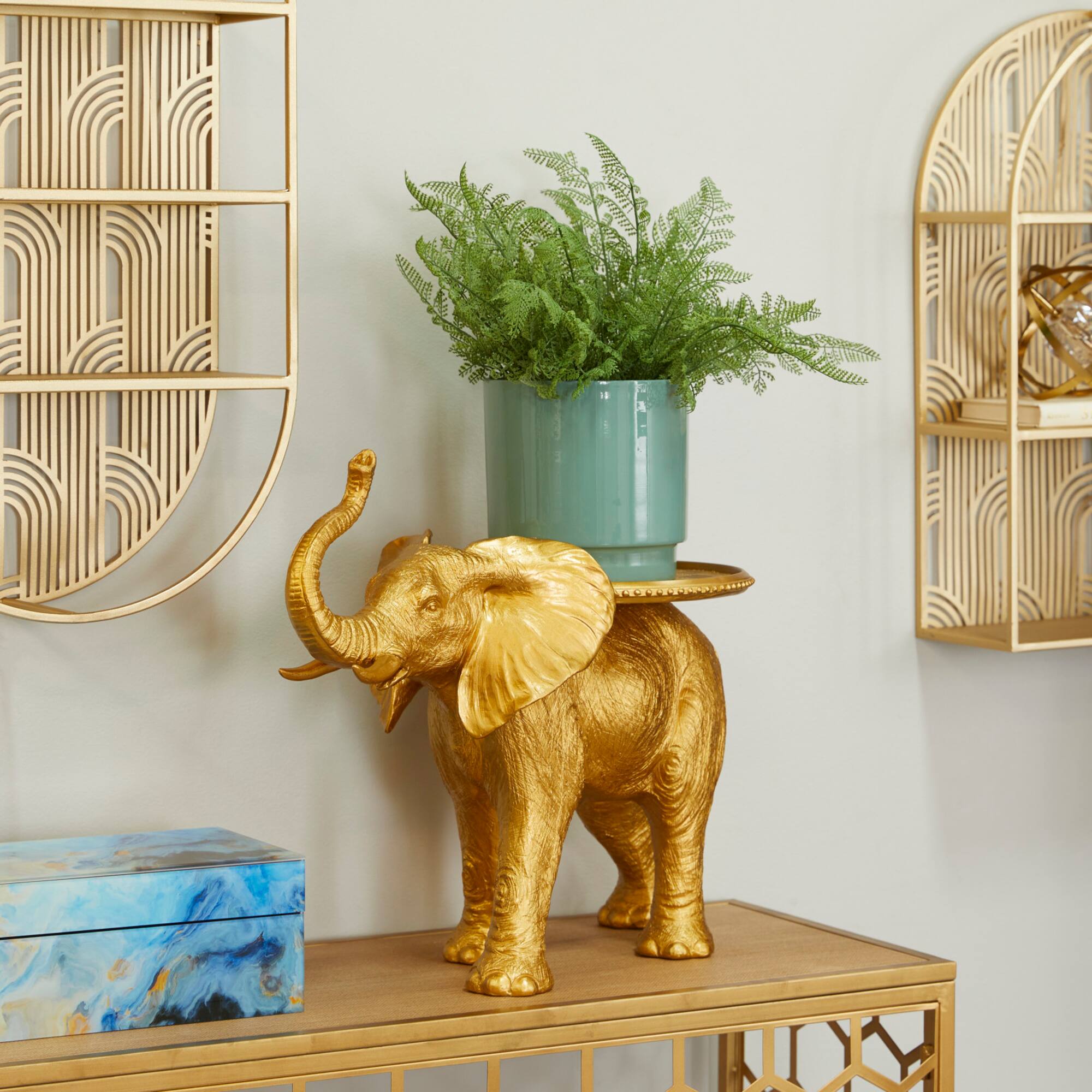 Gold Resin Eclectic Tray Elephant Sculpture, Set of 18" x 22" x 11"